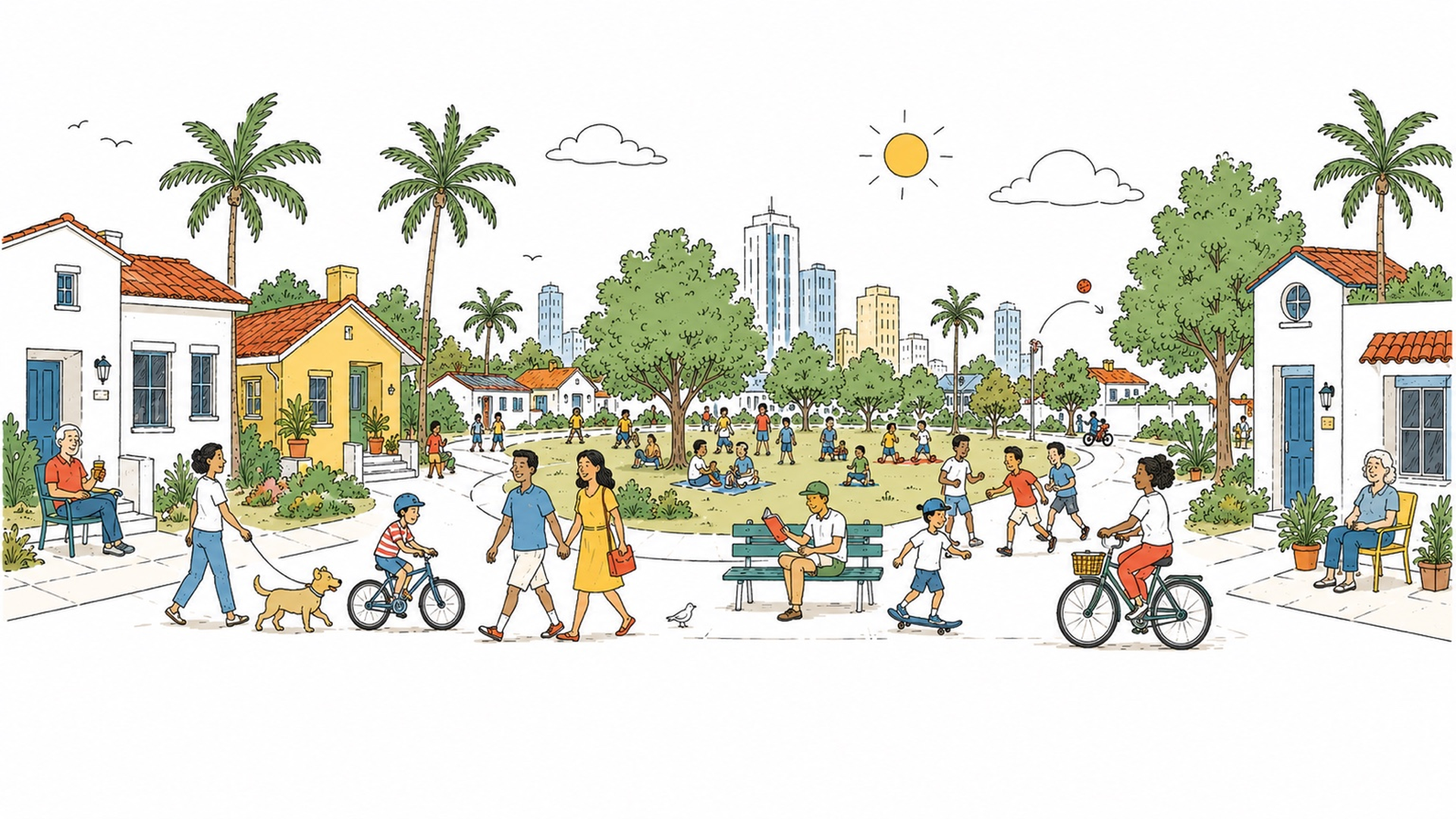 A lively community scene — families, kids, and local businesses sharing a neighborhood