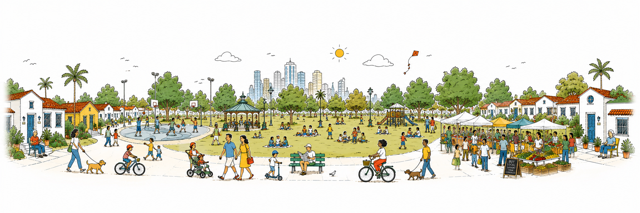 A lively community scene — families, kids, and local businesses sharing a neighborhood park